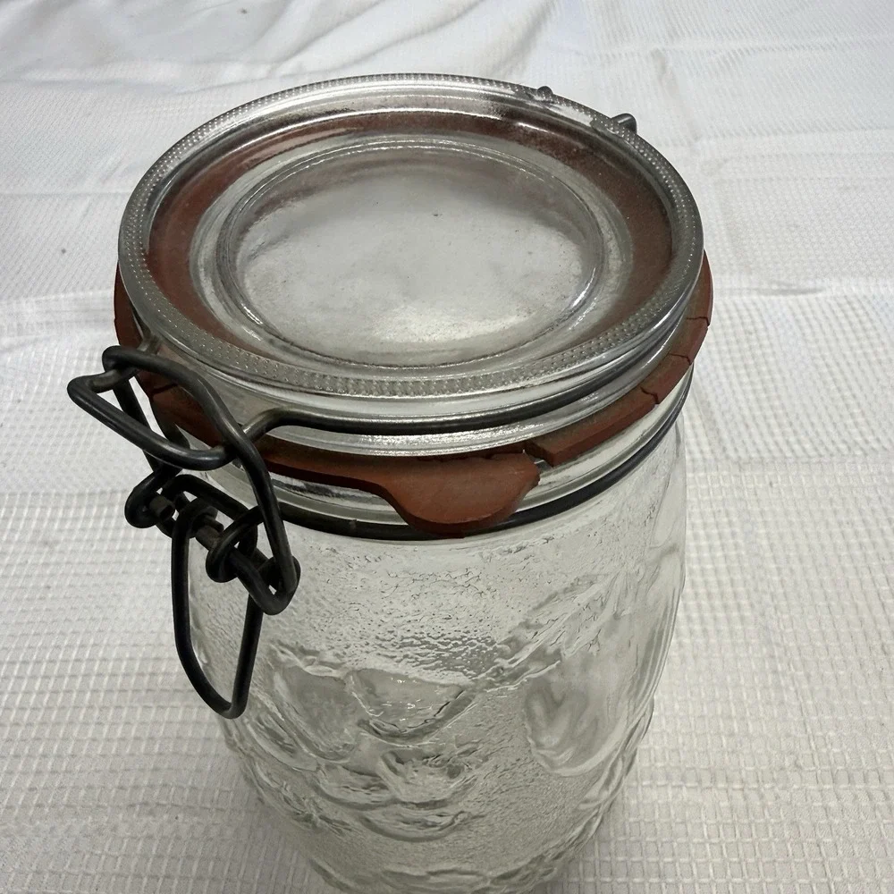 Vtg Raised Tall‎ Glass Sugar Canister Jar Metal Clamp Lid Fruit Decor 1.5L